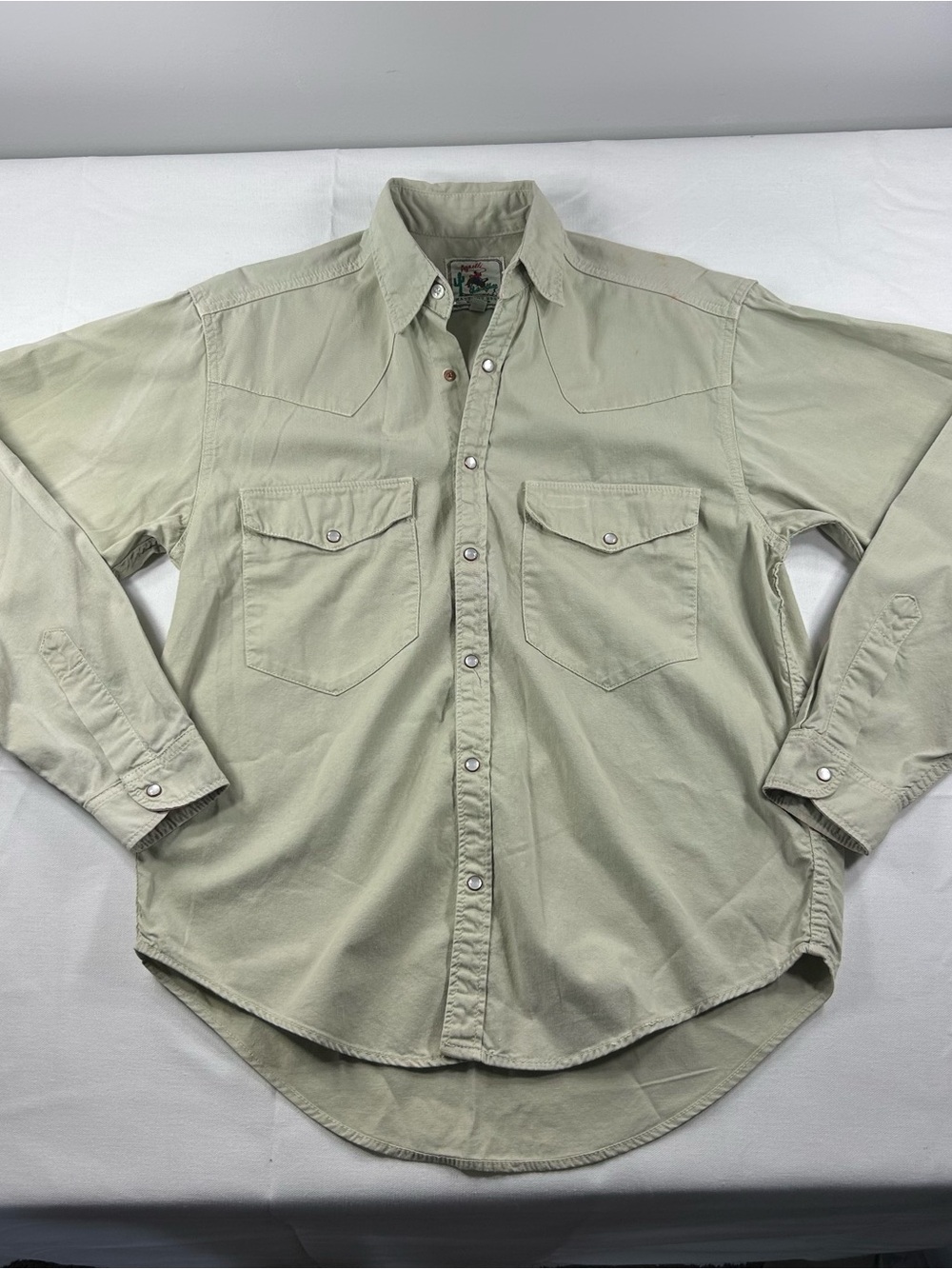 VTG 70s Agnelli Western Shirt Men’s Sm Pearl Snap Khaki Workwear  Farmwear READ!